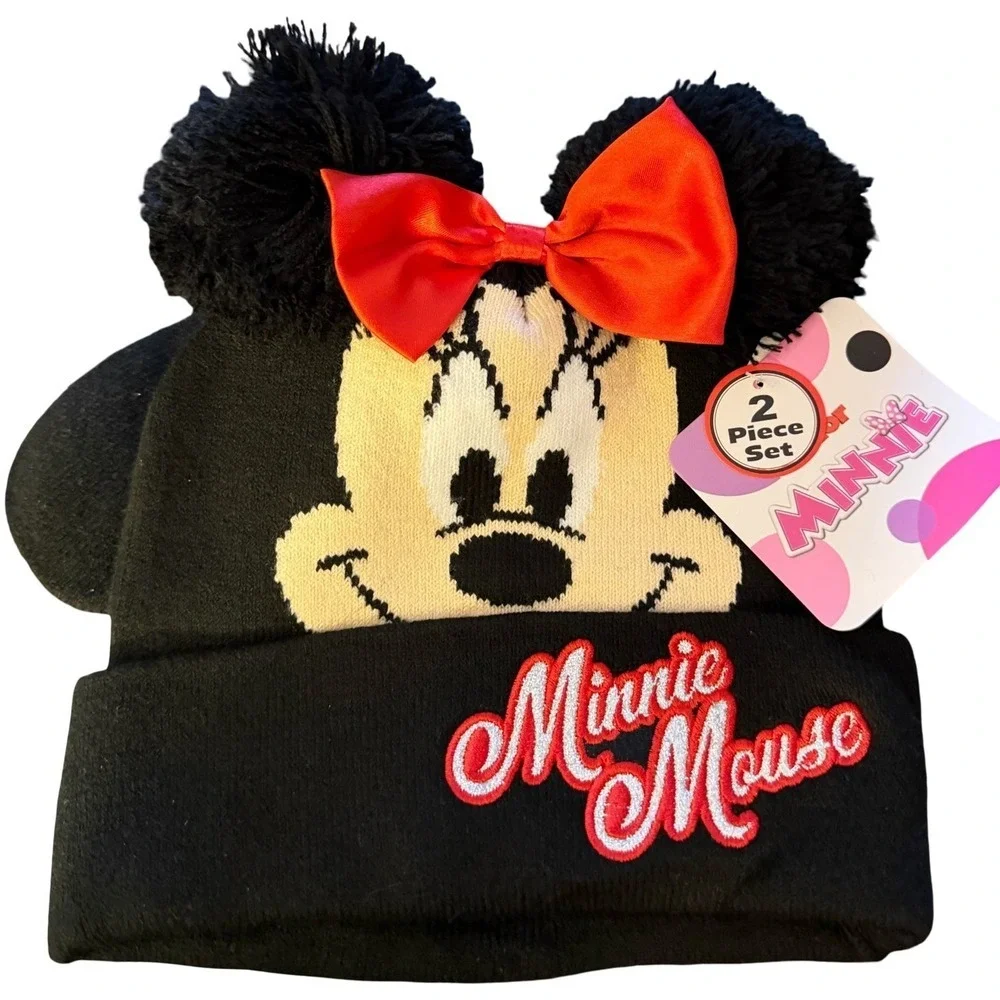 NWT Disney Minnie Mouse Kids Beanie Hat and Gloves Set Black 2-5T